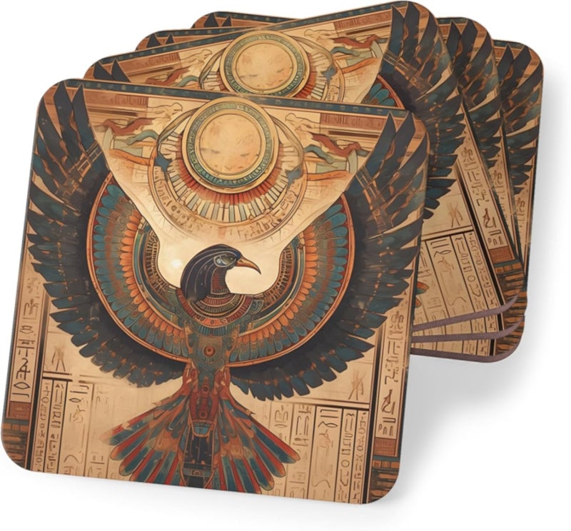 مجموعة قواعد أكواب بتصميم الشمس المجنحة المصرية - تصميم إله الصقر رع - قواعد أكواب خشبية مانعة للانزلاق برموز قديمة - قواعد أكواب لتزيين الطاولة والمكتب - مجموعة من 4 قطع